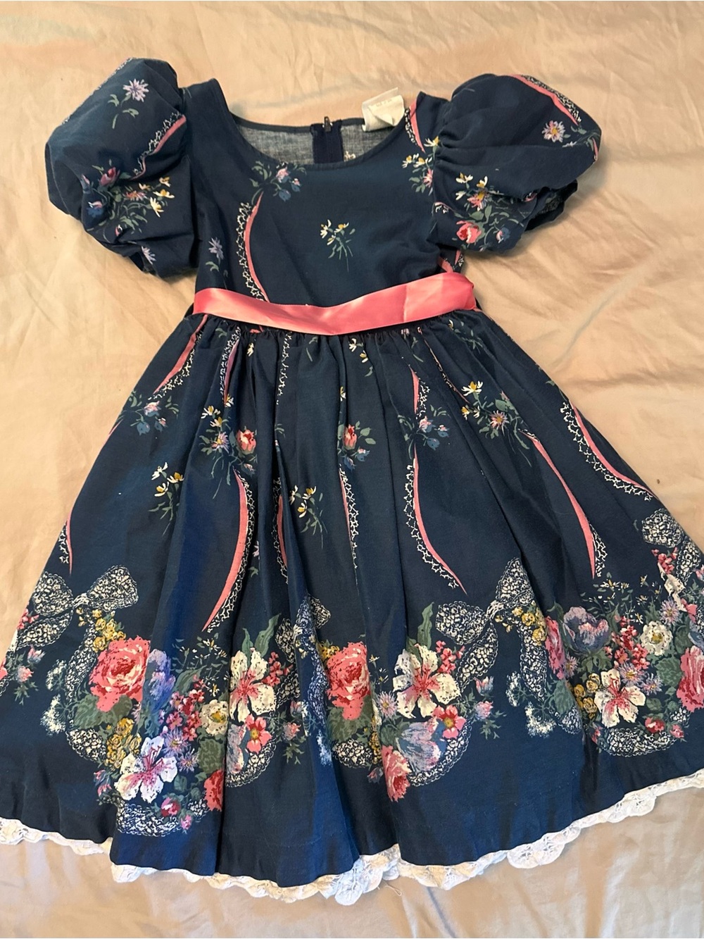 Daisy Kingdom Navy Floral Puff-Sleeve Kids Dress with Pink Sash